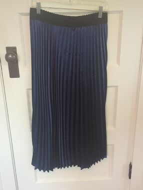 Elodie Navy Pleated Midi Skirt with Black Waistband